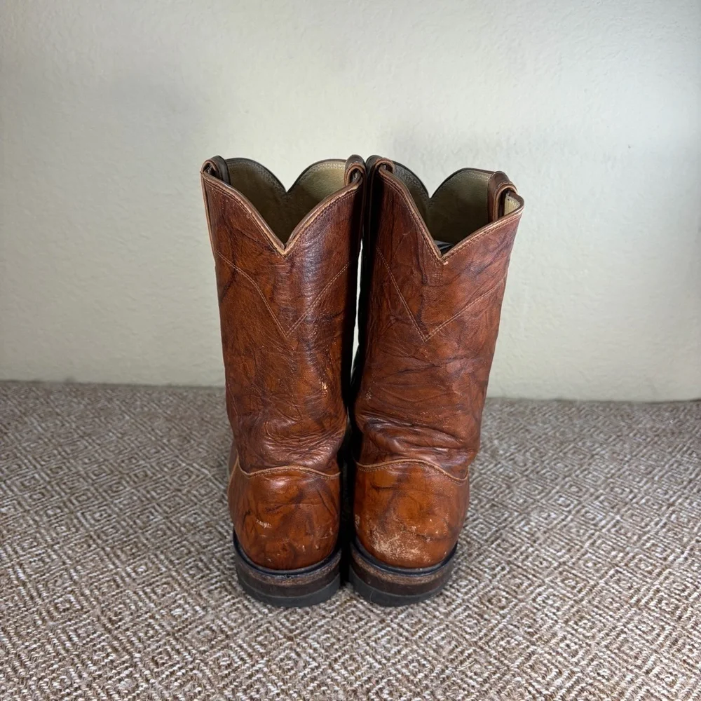 Justin 3163 Brown Leather Cowboy Roper Western Riding Boots Sz 9.5 D Cowboys GUC